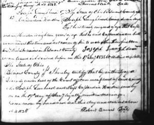 Marriage record of Joseph Laughead & Cassandria Harden, 1838, Belmont County, Ohio