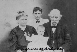 Minerva with her father James Lawhead, son James R. and grandson (c1908)
