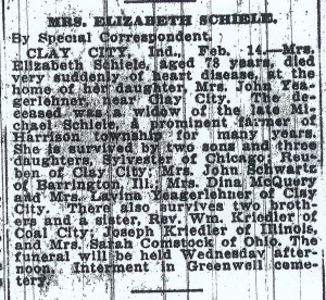 Schiele, Elizabeth (Krieble) - Obituary, 1922