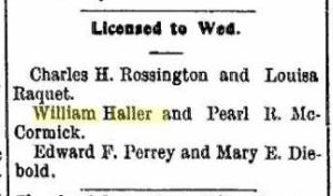 Haller, William & Pearl McCormick - Marriage license, 1896-06-22