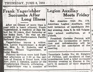 Yagerlehner, Frank - Obituary, 1933