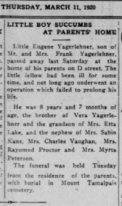 Yagerlehner, Eugene - Obituary, 1920