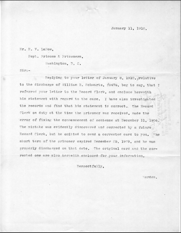 Schwartz, W. B. - 1910-01-11 Letter to R. V. LaDow from Warden