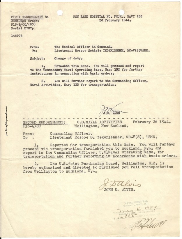Change of Duty orders, dated February 26, 1944