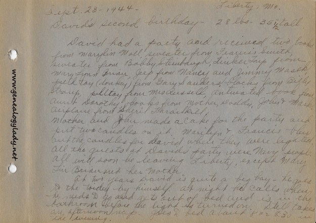 David's baby book, September 23, 1944